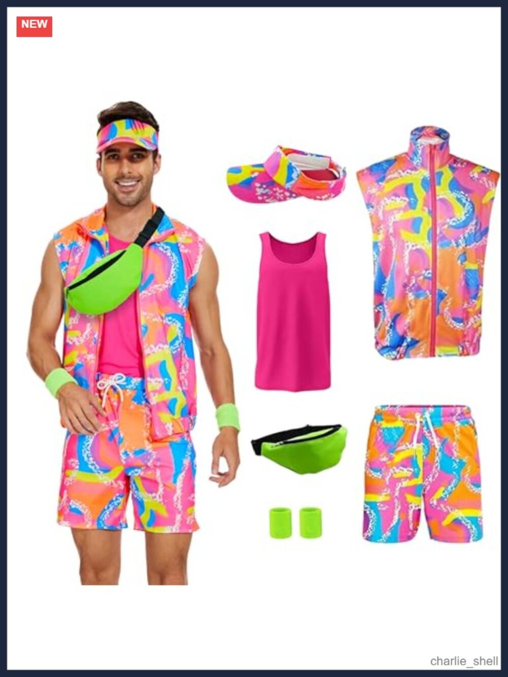 Men 80s Workout Costume Set Tank Top Vest Shorts Neon Party Outfit